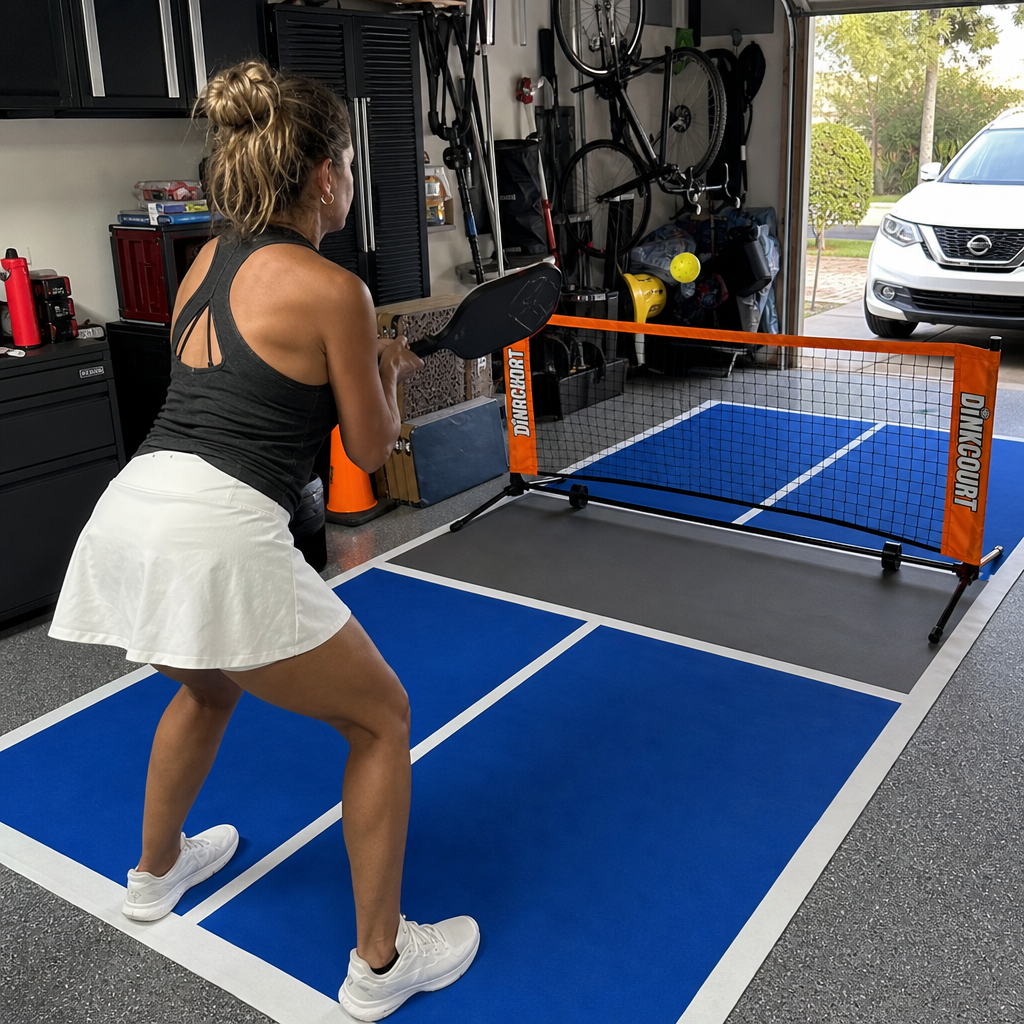 Woman practicing pickleball alone on DinkCourt in garage