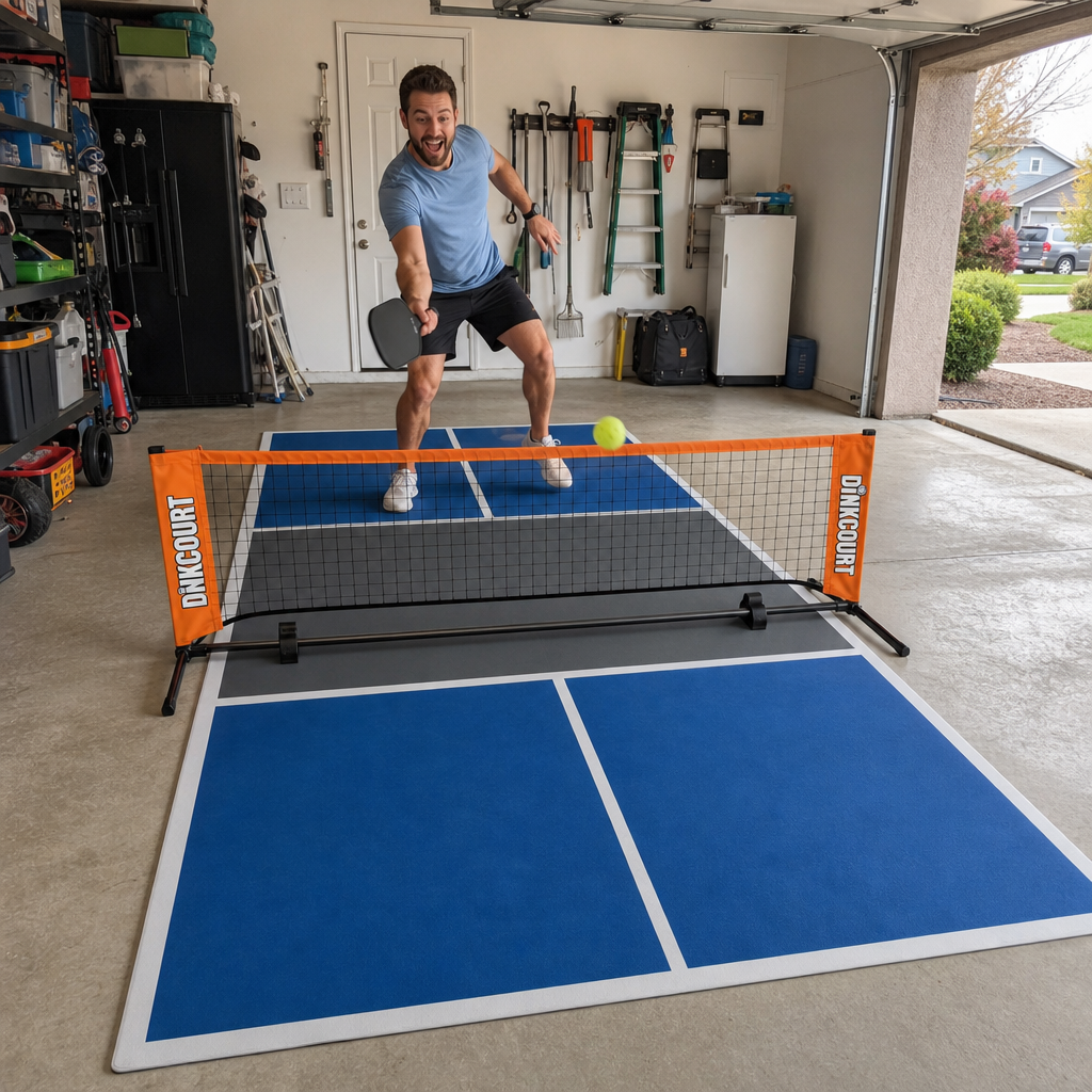 Man playing pickleball on DinkCourt set up in garage