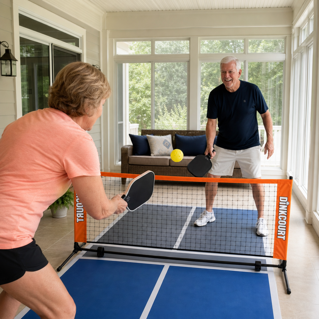 Retired couple playing pickleball on DinkCourt in sunroom